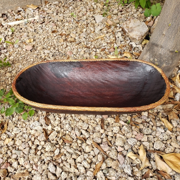 VTG Large Wooden Decorative Oval Bowl Hand Crafted with Rattan Woven Edge - Picture 5 of 11